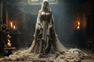 A ghostly apparition in a tattered white gown, haunting an abandoned mansion. Generative Ai.