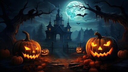 Creepy Skeletons and Pumpkins in an Eerie Halloween Scene