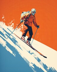 Thrilling Alpine Skiing Adventure - Blue and Red Ski Man Postcard