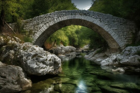 An impressive stone bridge on Arachthos River in Tzoumerka, Greece. Generative AI