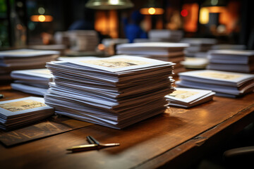 A stack of paperwork on a desk, illustrating the administrative aspect of business. Generative Ai.