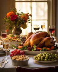 Thanksgiving Feast: Beautifully Set Table with Roasted Turkey