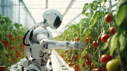 Robot humanoid is picking up tomatoes in the greenhouse. Futuristic agricultural concept