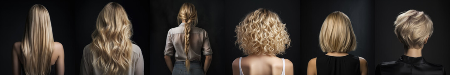 Various haircuts for woman with blonde hair - long straight, wavy, braided ponytail, small perm, bobcut and short hairs. View from behind on dark background. Generative AI - obrazy, fototapety, plakaty