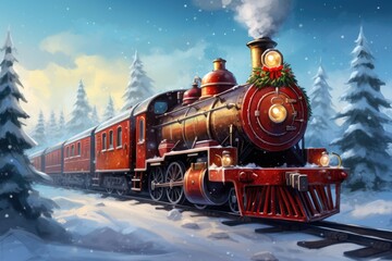 Christmas locomotive in holiday postcard style, winter illustration - obrazy, fototapety, plakaty