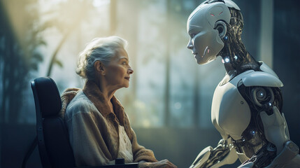 A humanoid robot assist an elderly woman. Futuristic digital concept - obrazy, fototapety, plakaty