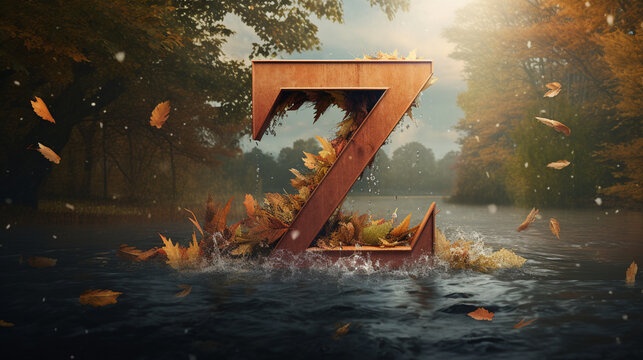 Wooden letter Z in the autumn forest. 3D rendering.