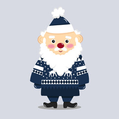 Cute christmas santa claus. Kawaii santa claus in blue winter sweater with deers. Vector graphics isolated on white background. Illustration for children