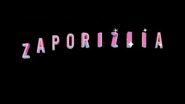Bright letters jump merrily in the inscription ZAPORIZHIA city. Retro. Alpha channel black. Looped from frame 120 to 240, Alpha BW at the end