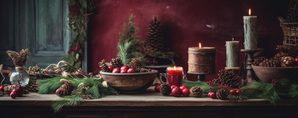 Fototapeta na wymiar Rustic Christmas interior with burgundy and green accents