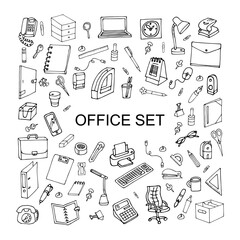 black and white vector illustration
office set in doodle style
