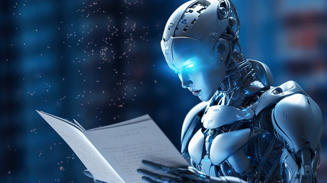 AI robot reading a book in the library. Machine learning, Innovation, futuristic technology concept