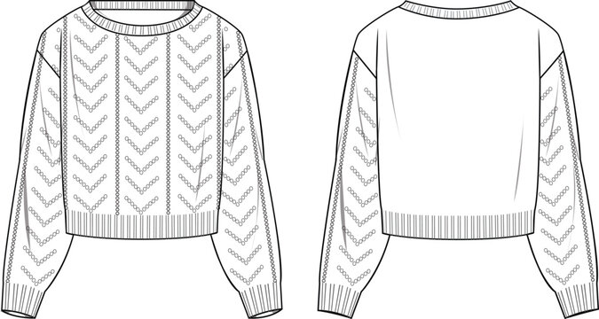 Women's Crop Pointelle Jumper. Technical fashion illustration. Front and back, white colour. Women's CAD mock-up.