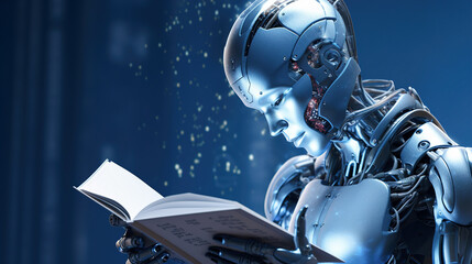 AI robot reading a book in the library. Machine learning, Innovation, futuristic technology concept - obrazy, fototapety, plakaty