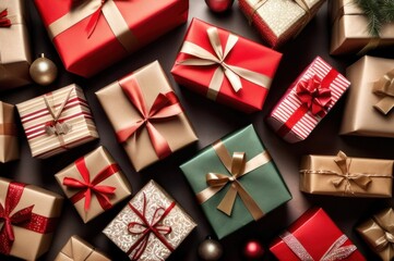 Winter Holidays Concept, Christmas Gifts Wrapped in Craft Paper with Red and Golden Ribbon, Top View. Overhead view of many Christmas presents wrapped with craft paper on paper surface