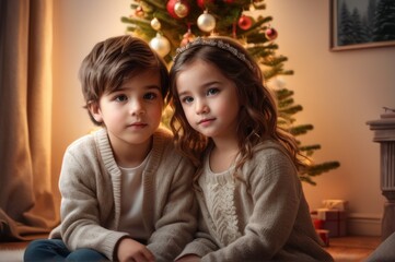 Fototapeta na wymiar Happy little children waiting presents on Christmas morning. Two excited kids sitting on floor in beautiful, decorated living room and together waiting a Christmas miracle with wonderful Xmas gift