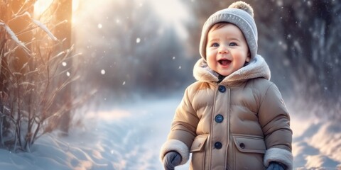 Happy little baby boy making outdoors in winter. Cute toddler in winter cloth. Child having fun on cold day. Winter walk outdoors - obrazy, fototapety, plakaty