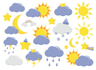 Vector collection, set of cartoon cloud, sun, moon, rainbow, rain, snow, clouds and stars isolated on white background