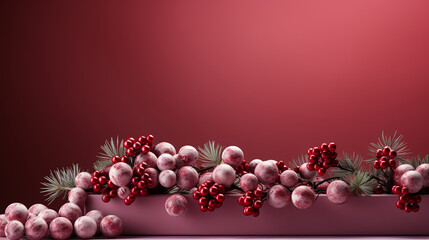 Christmas banner with Christmas bauble decorations on a red background, copy space, Generative AI