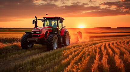 Tractor in the field under sunset light, tillage in spring, preparation for sowing. - obrazy, fototapety, plakaty