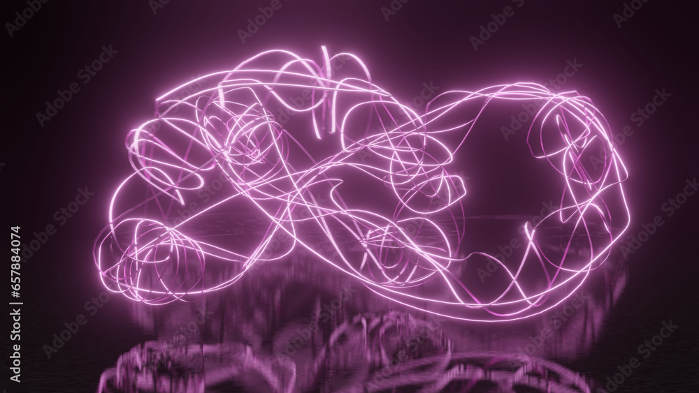 Aufkleber 3d rendering. abstract 3d illustration of a multitude of glowing neon threads tied in knots on a bla