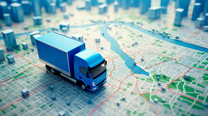Gps tracking from top view moving truck with container on a map.	
 - obrazy, fototapety, plakaty