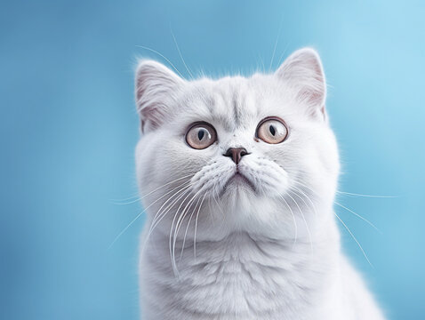 Cute white scottish straight cat blue background