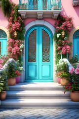 Fototapeta na wymiar Green door with blue flowers and pink house, Generative AI