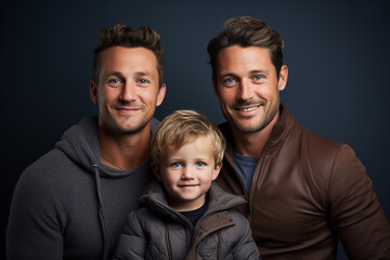 two male parents with their son. solid color background. new family model. lgtb