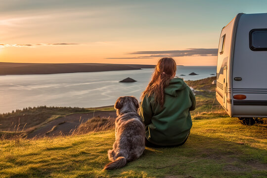 Girl is sitting on a hill with her dog and looking at the ocean sunset beside her camper. 