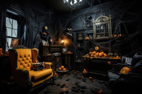 decorated house for Halloween with pumpkins, webs and spiders