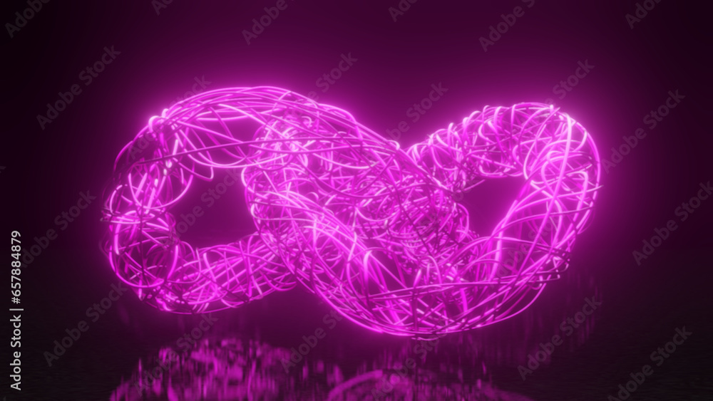 Aufkleber 3d rendering. abstract 3d illustration of a multitude of glowing neon threads tied in knots on a bla