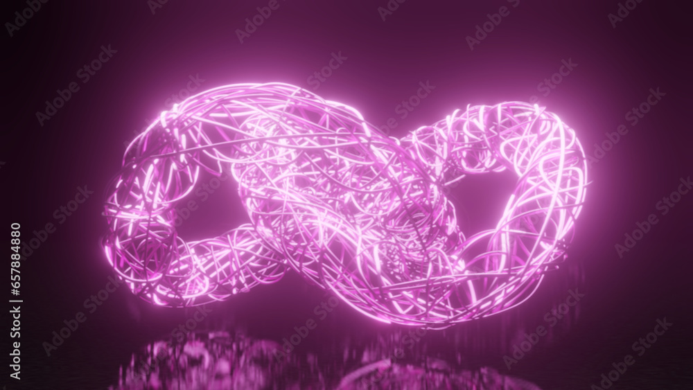 Poster 3d rendering. abstract 3d illustration of a multitude of glowing neon threads tied in knots on a bla