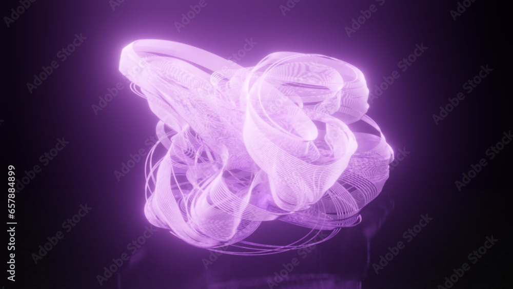 Aufkleber 3d rendering. abstract 3d illustration of a multitude of glowing neon threads tied in knots on a bla