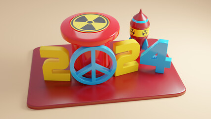 3d rendering of the date 2024. The numbers of the date 2024 are next to the red nuclear button and the rocket. The sign of pacifism blocks pressing the button. Illustration for the calendar.