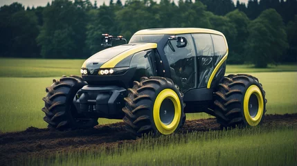 Schilderijen op glas Autonomously driving futuristic tractor. Futuristic technology in agriculture © Philippova