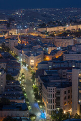 Jaffa street in Jerusalem. Night aerial view