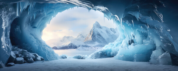 Ice cave entrance against a snowy mountain backdrop