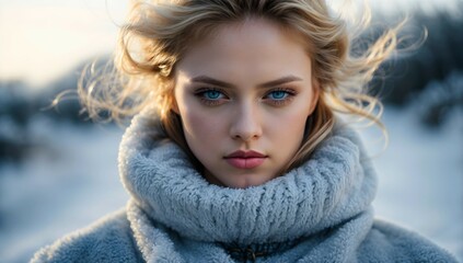 Winter fashion portrait of beautiful light brunette with blue eyes and winter sweater , template, people background, banner 