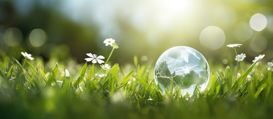 Recycling and reusing package icon on green nature background promoting clean future