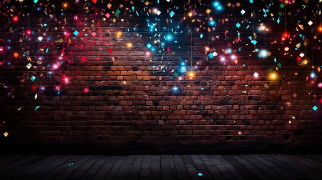 Dark brick wall multi-colored lights and confetti, festive background, noen light. Generation AI