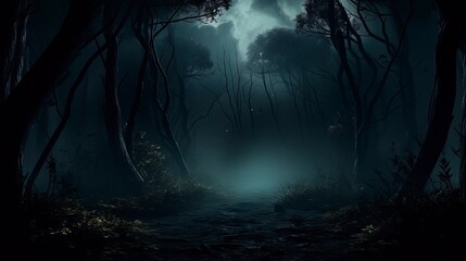 Naklejka premium Dark gloomy night forest. Generation AI