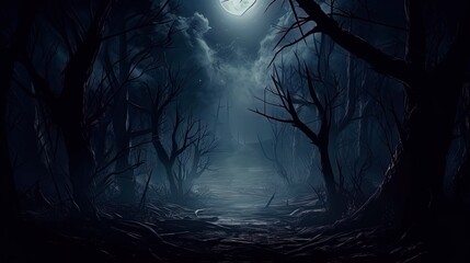 Dark gloomy night forest. Generation AI