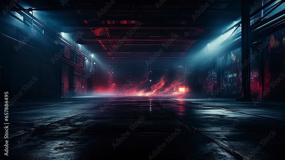 Wall mural Dark street, smog smoke, neon light. Generation AI