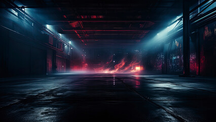Dark street, smog smoke, neon light. Generation AI