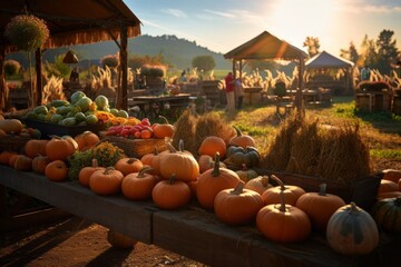 Bountiful Harvest: A Farmer's Market Overflowing with Pumpkins and Baskets