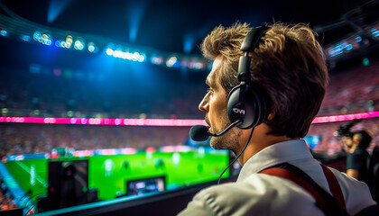 Football commentator of the final football match of the World Cup. - obrazy, fototapety, plakaty