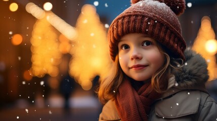Starlight Wonder: A Little Child in Winter Looks at a Christmas Tree - obrazy, fototapety, plakaty