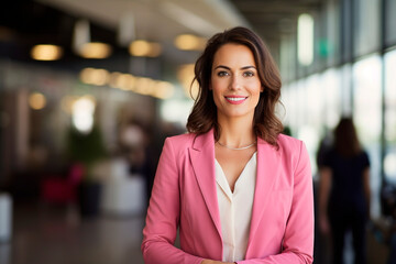 smilling, Business woman wearing pink blazer with office background 