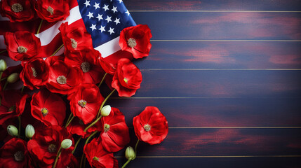American flag and red poppy flowers. Memorial Day, Honoring and Remembering. Veterans Day - obrazy, fototapety, plakaty